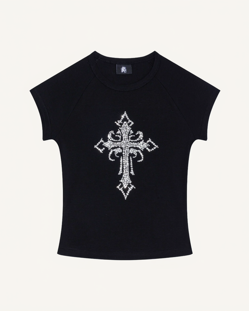 WAVE CROSS RHINESTONE BABYTEE - BLACK