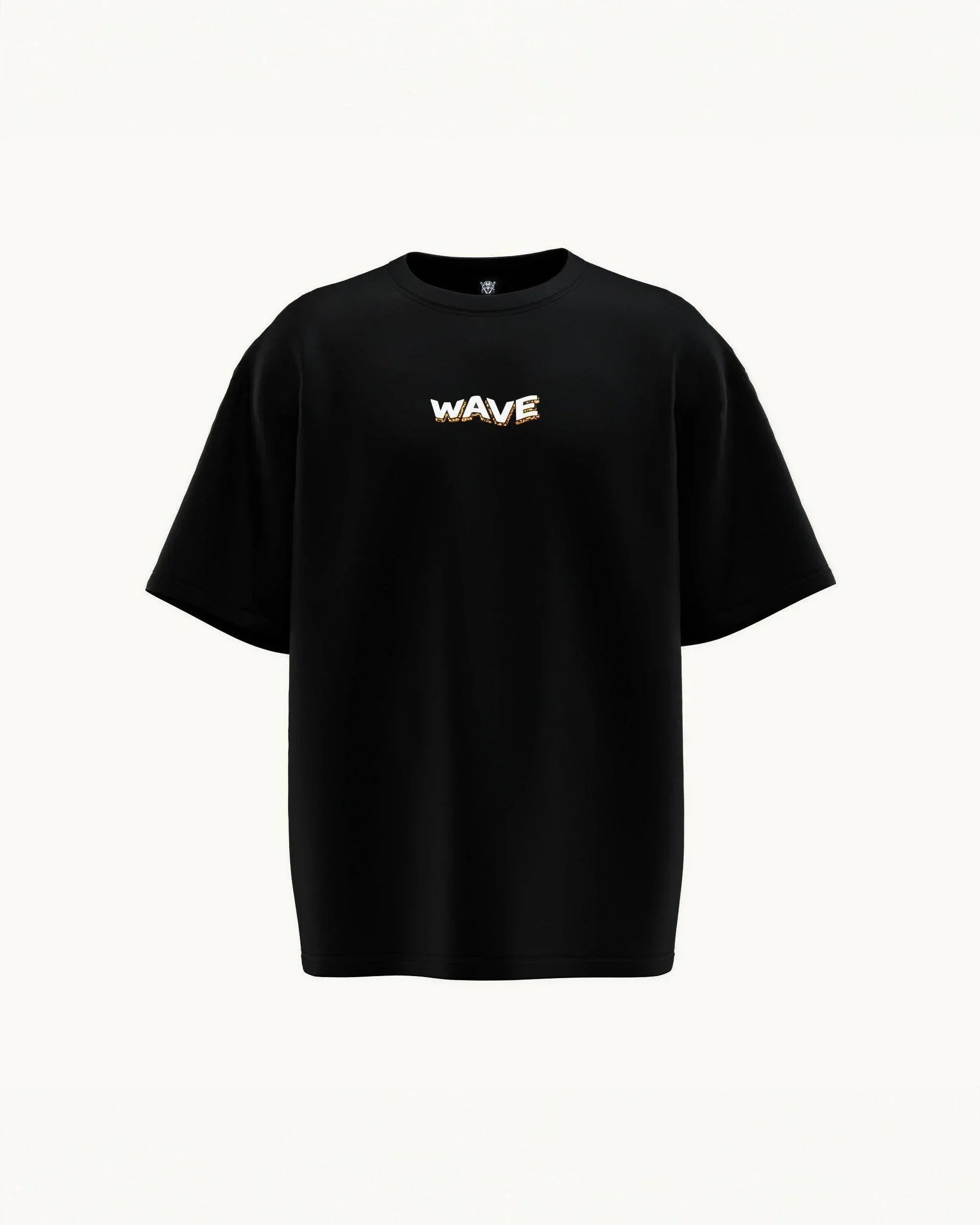 Black oversized t-shirt with white WAVE logo on chest, front view on plain background