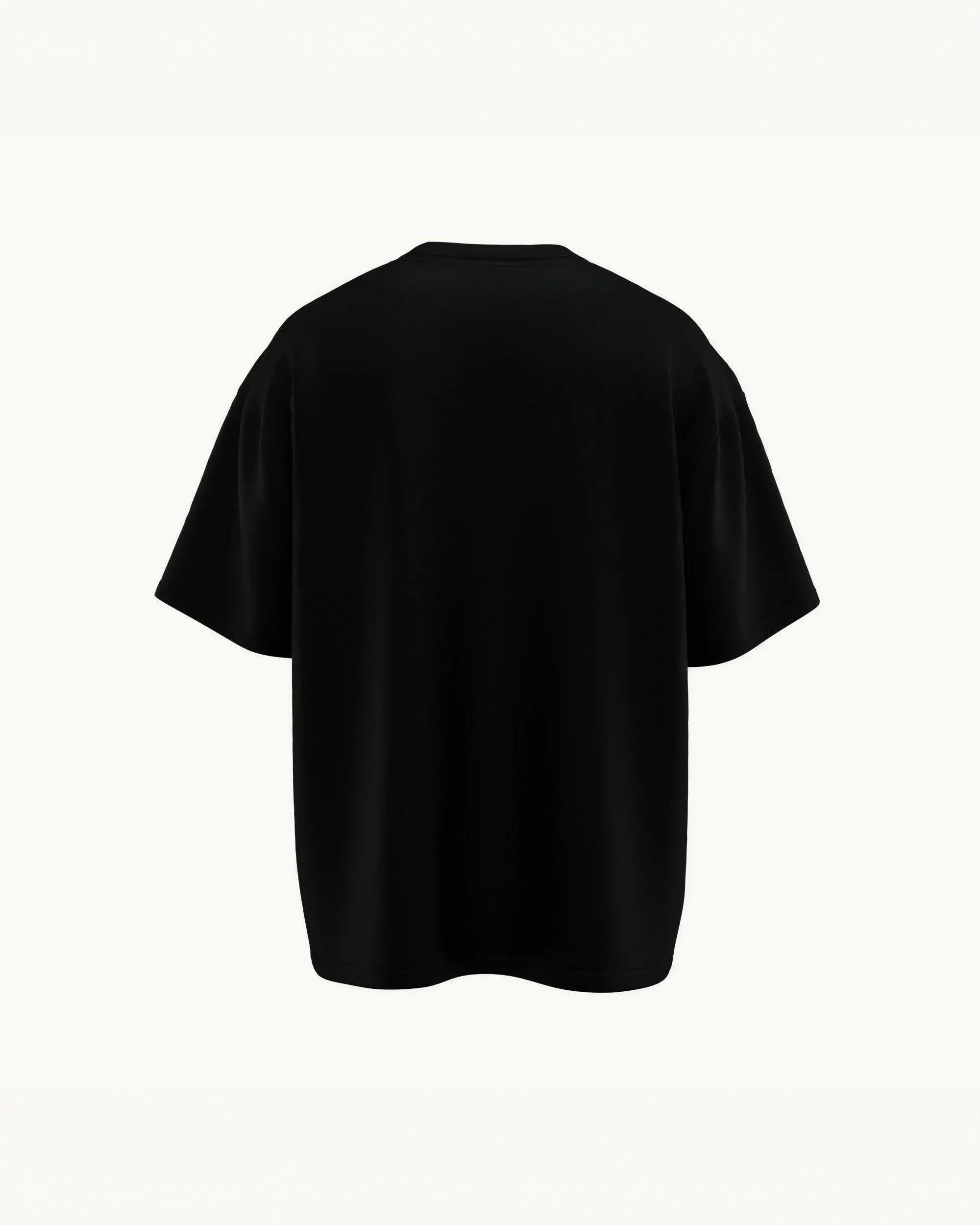 Back view of plain black oversized t-shirt on white background
