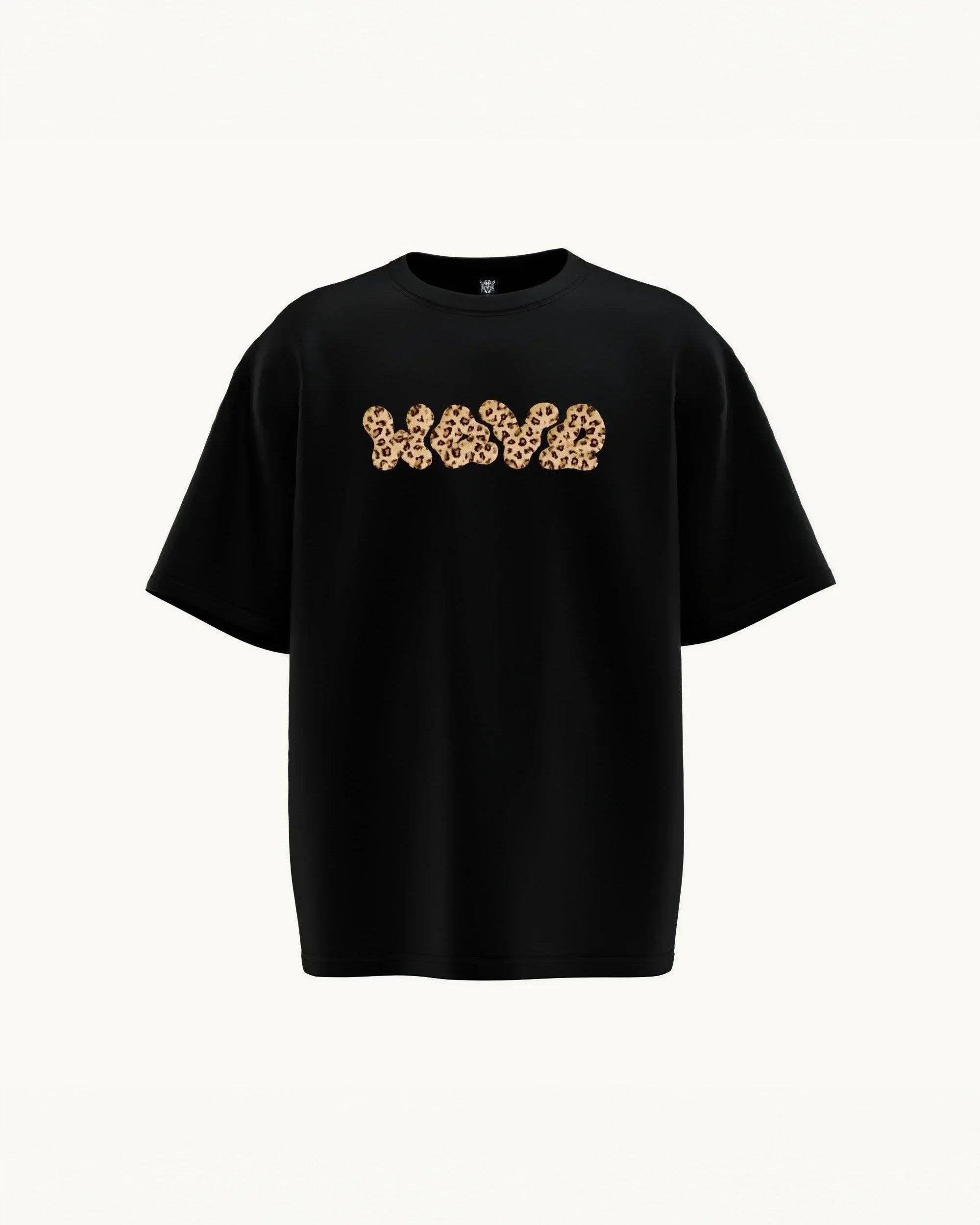 Black oversized t-shirt with leopard print bubble text graphic on front