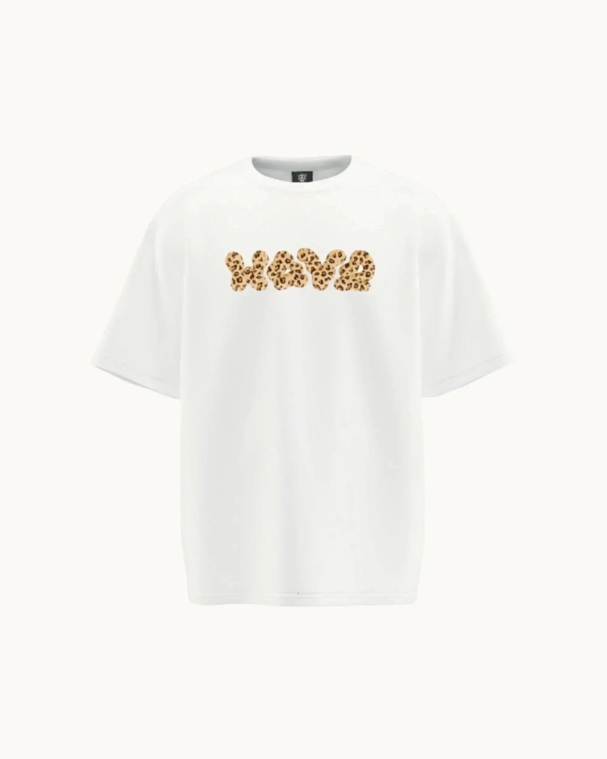 White t-shirt with 'HAVE' in bold leopard print lettering on the front