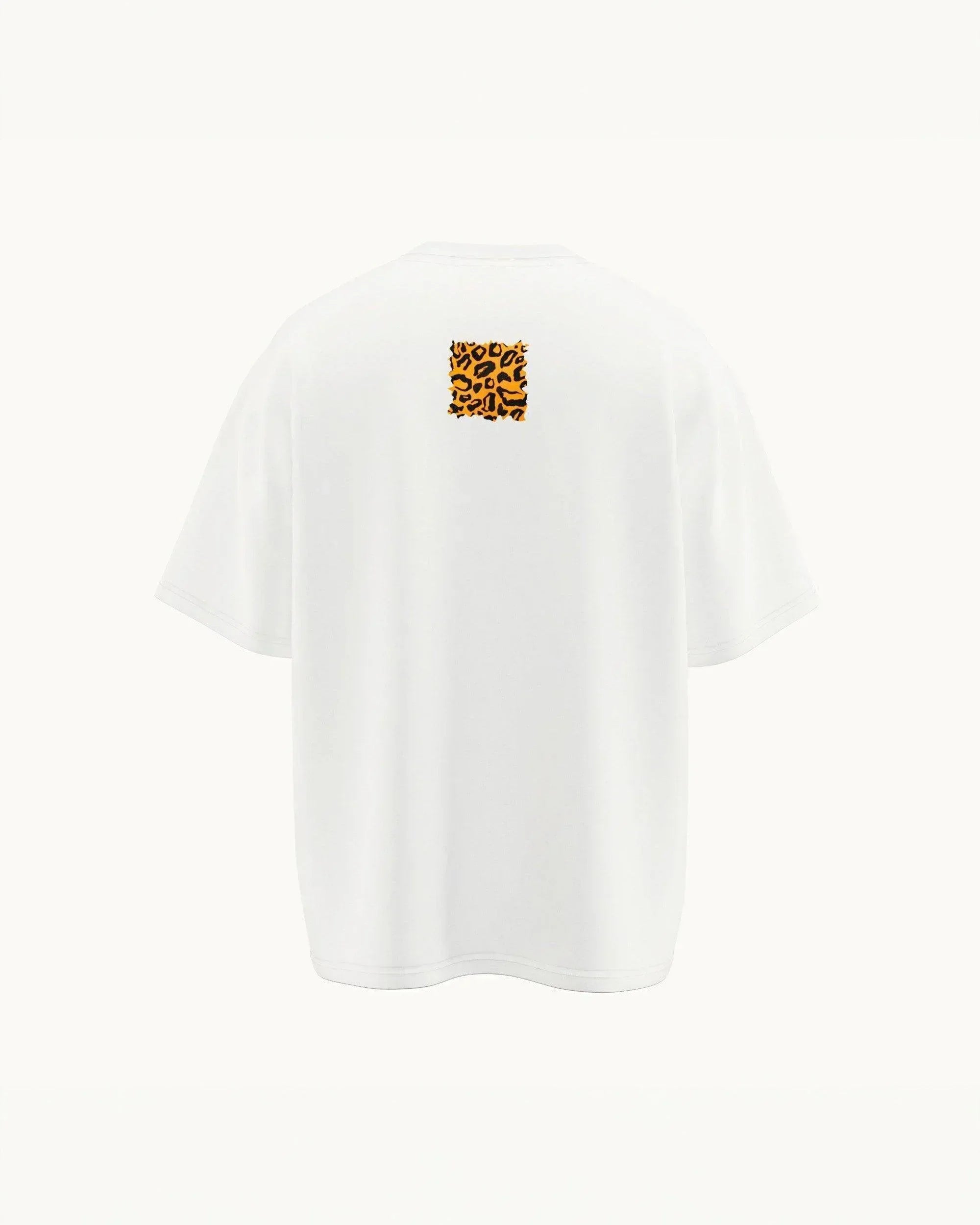 White classic t-shirt back view with small orange leopard print square graphic